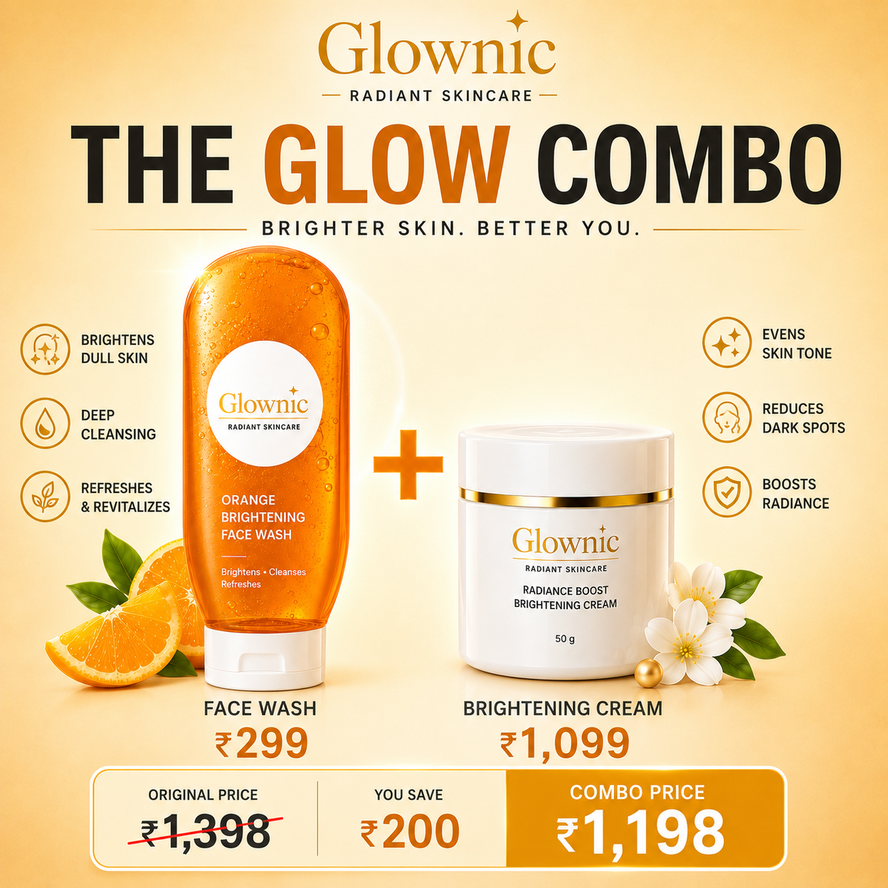 Glownic brightening cream + Brightening facewash combo